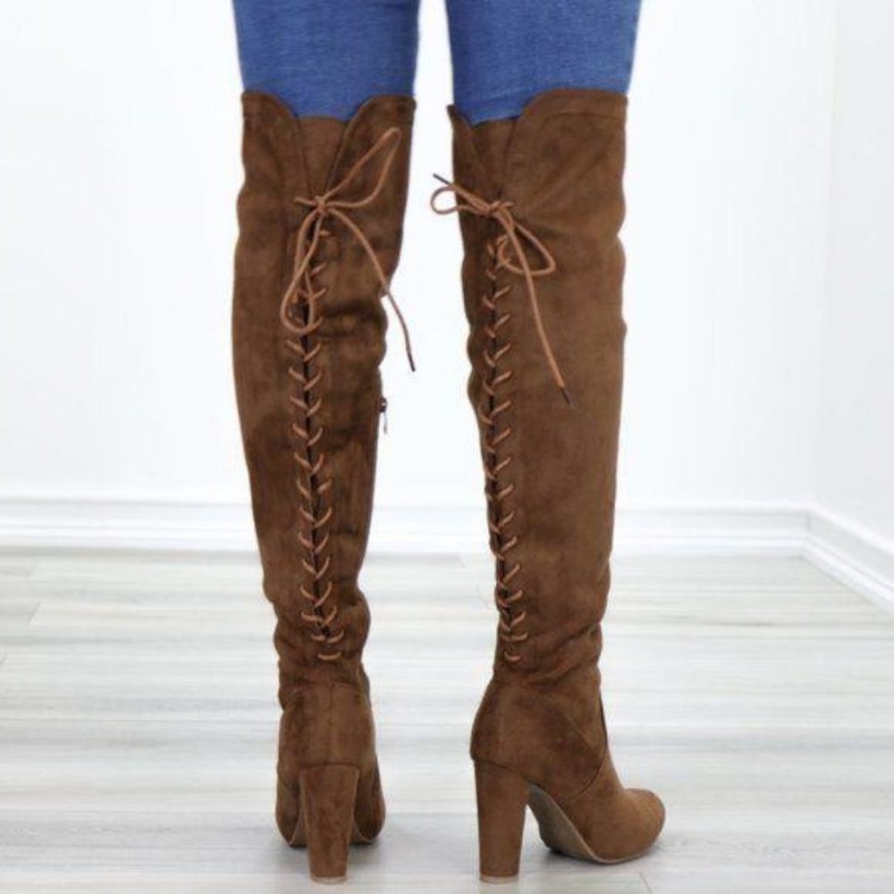 Suede Over The Knee Heeled Boots With Lace Up Back - Picture 7 of 13